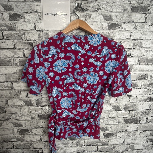 EUC LOFT Burgundy and Blue Floral Wrap Blouse Size Small - Picture 8 of 16
